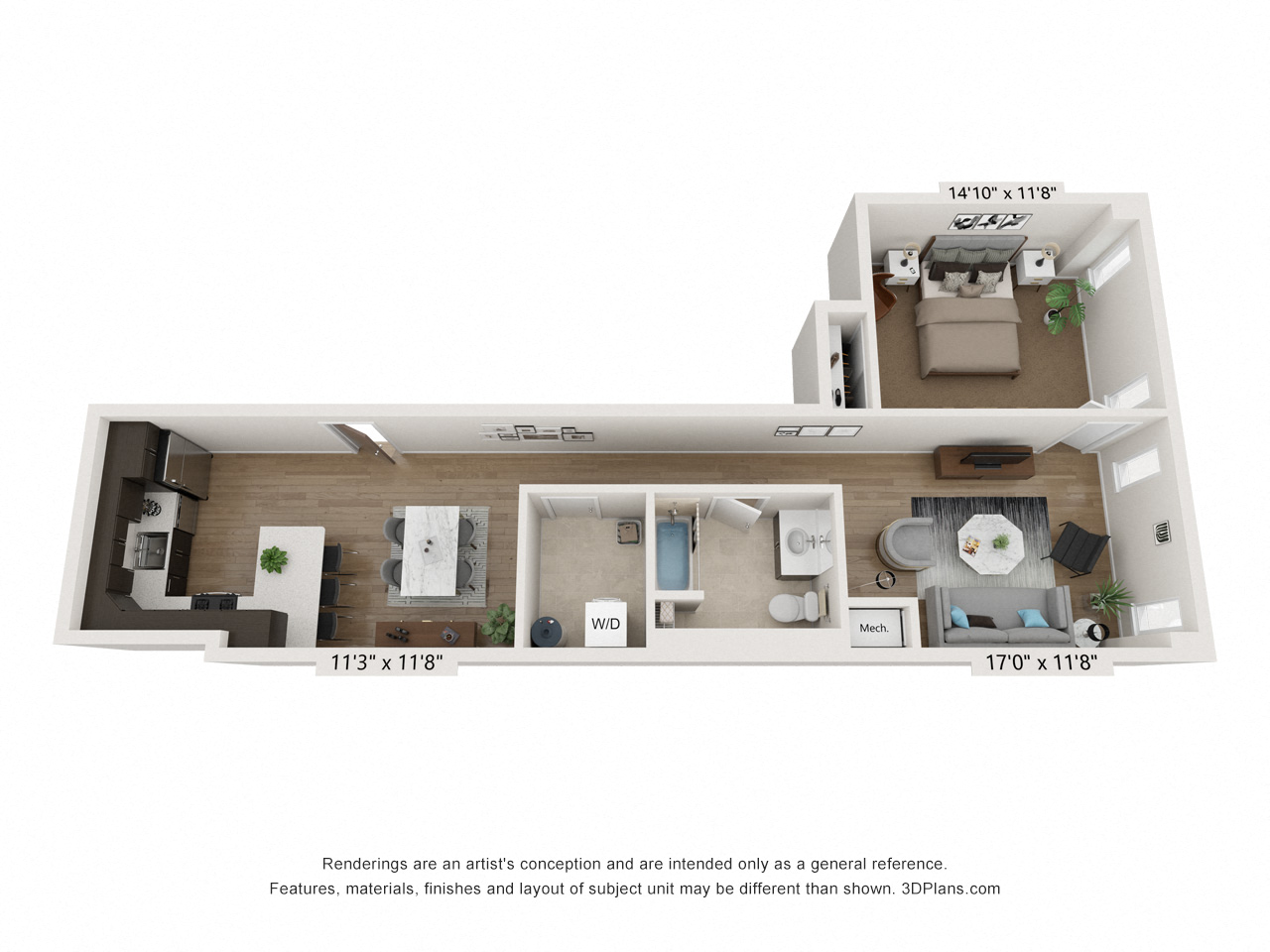 Floor plan for 1 bed, 1 bath, 862 sqft